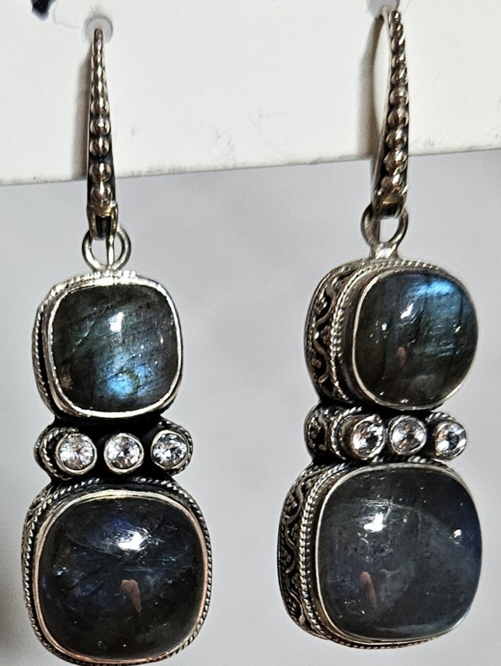 2" Labradorite & .925 Silver Earrings With Crystal Accents, Blue Flash (Mb1)